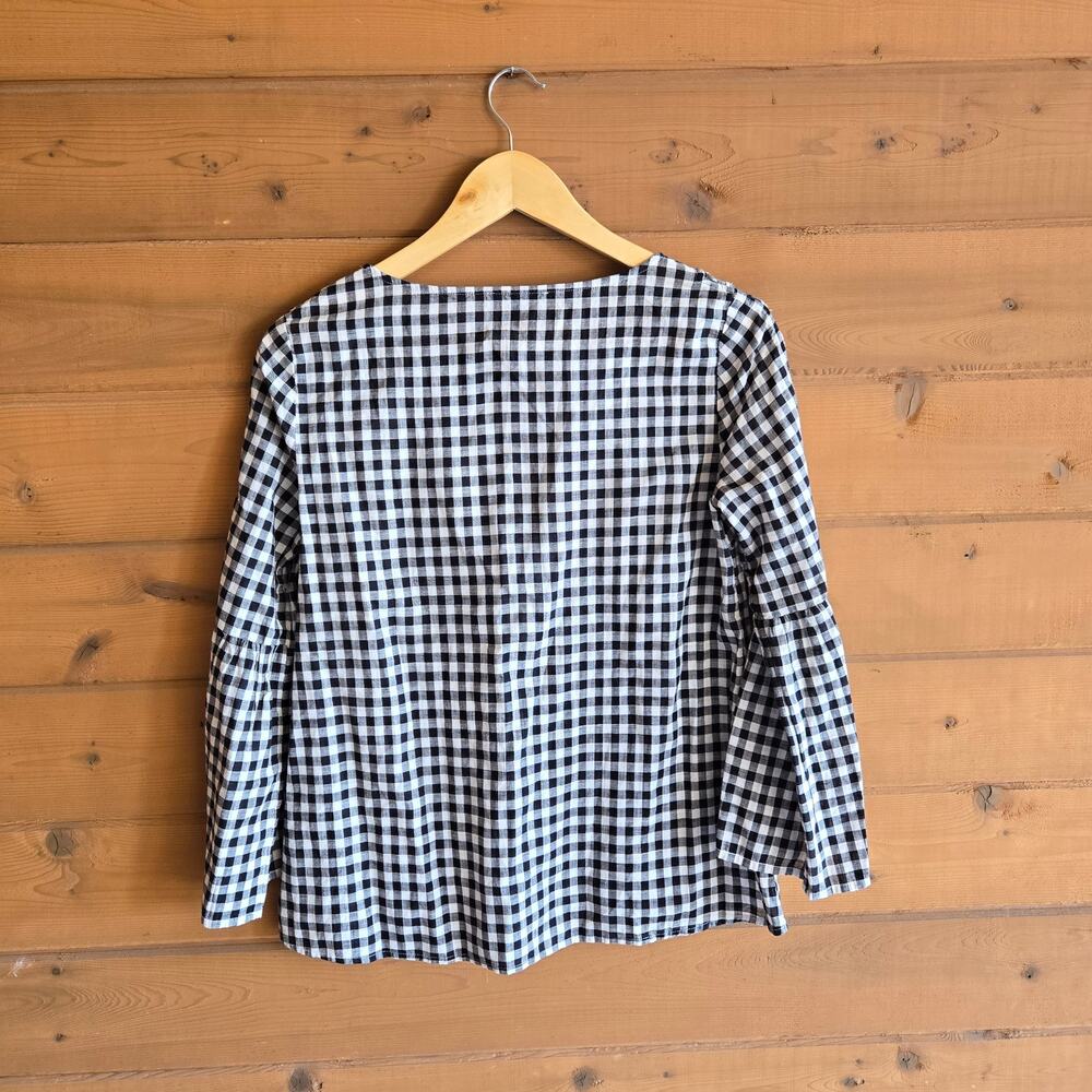 Madewell Top Gingham Bell Sleeve Lace Up Bow Blouse S Black White Retro Shirt - Picture 4 of 6